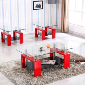 United Import and Export 3 Pc Table Set - Clear Glass/Red